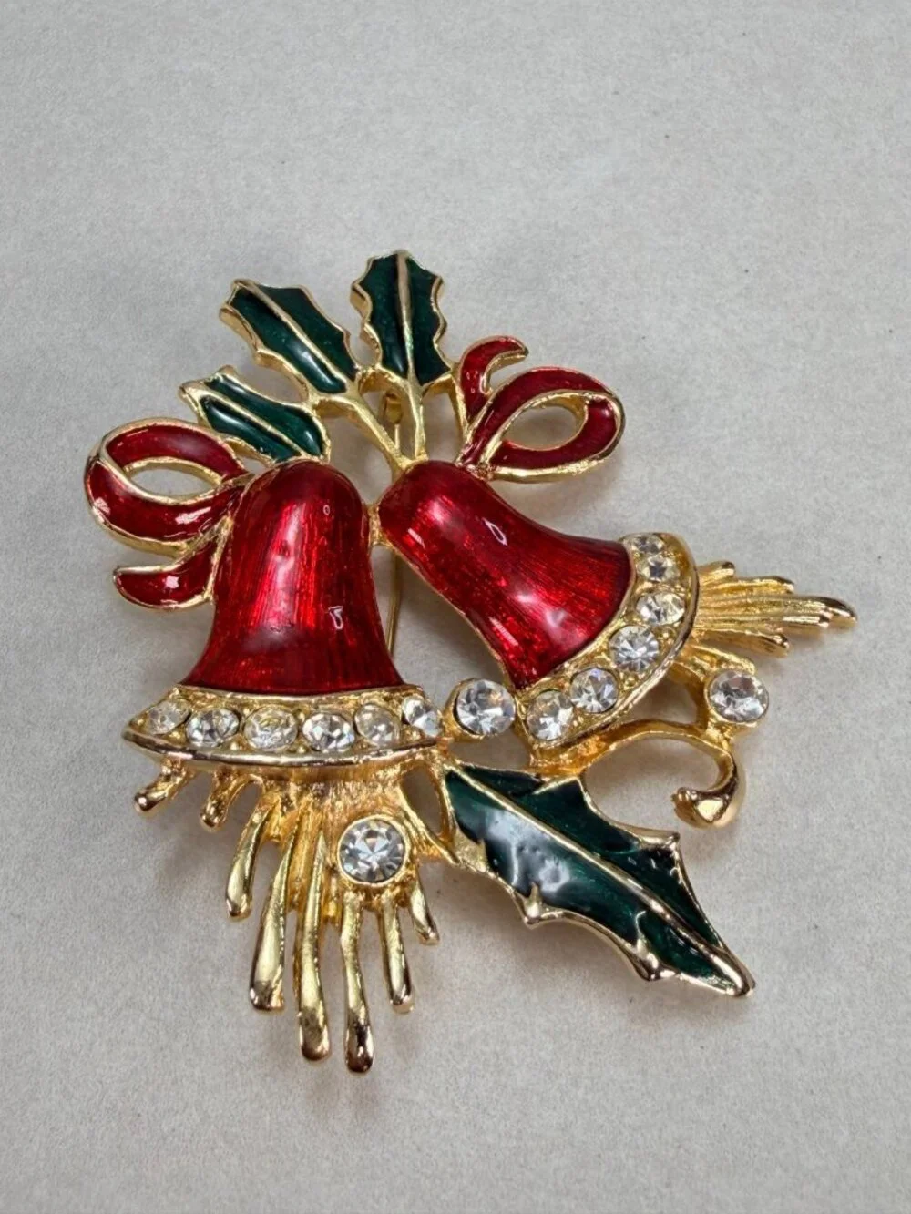 Vintage Christmas Bells Brooch Red Enamel Rhinestone Gold Tone Pin Holiday